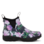 Korte stilfulde gummistøvler designet af Anne Mette Voss for Green Comfort. Sort støvler med blomster print af lilla magnolia med grønne blade.