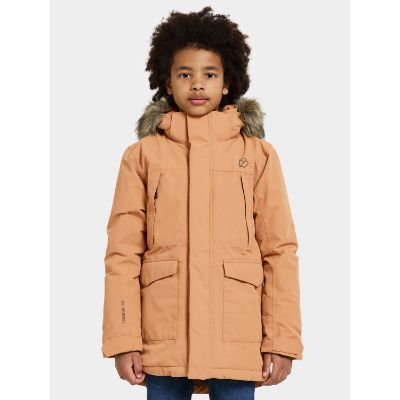 Didriksons Oxid Kids Parka, varm børnejakke med aftagelig hætte og syntetisk pels, justerbare ærmeender, refleksdetaljer og flere praktiske lommer. Perfekt til barske vejrforhold