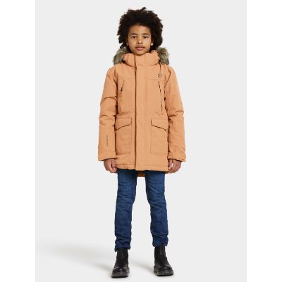 Didriksons Oxid Kids Parka, varm børnejakke med aftagelig hætte og syntetisk pels, justerbare ærmeender, refleksdetaljer og flere praktiske lommer. Perfekt til barske vejrforhold